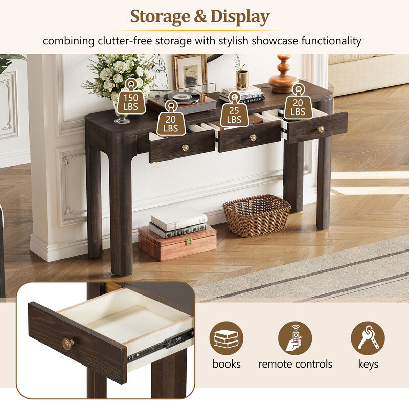 Whisen 52" Rustic Console Table with 3 Drawers, Solid Wood MDF, Sturdy Sofa Table for Entryway Living Room Hallway image number 4