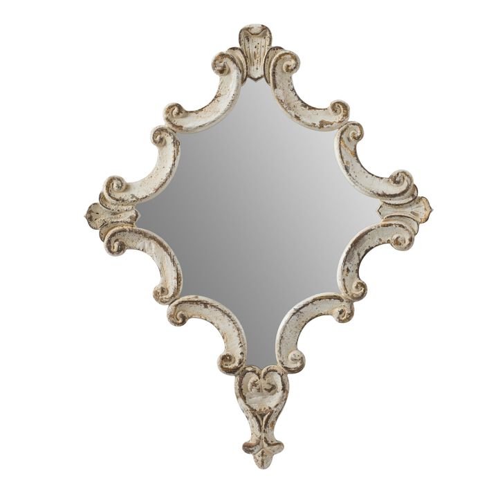30 Inch Accent Wall Mirror, Carved Ornate Scrollwork Antique White Fir Wood