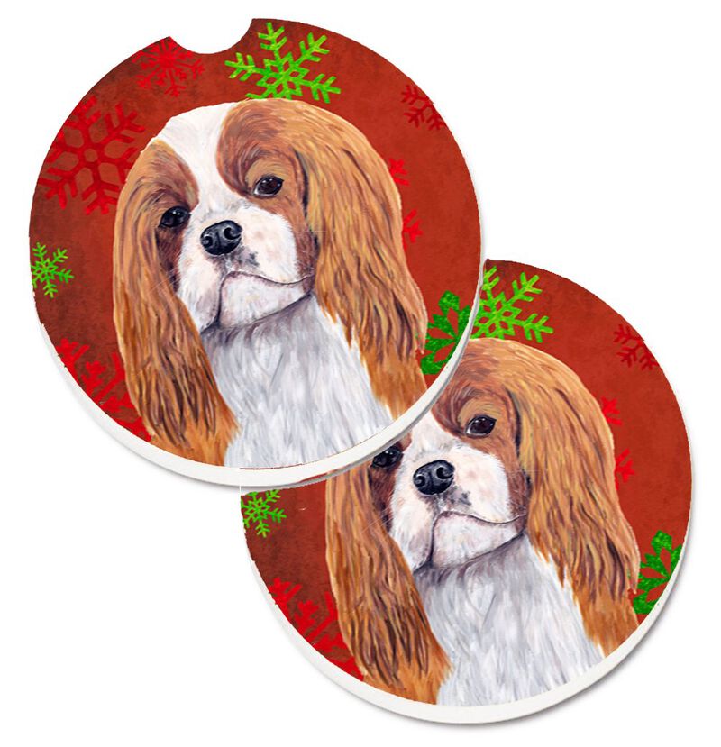 Caroline's Treasures Cavalier Spaniel Red & green Snowflakes Holiday Christmas Set of 2 Cup Holder Car Coasters SC9434CARC, 2.56, Multicolor image number 0