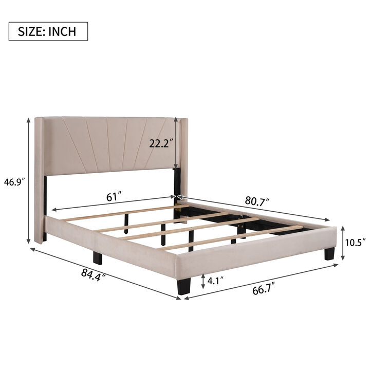 Queen Size Velvet Upholstered Platform Bed, Box Spring Needed - Gray