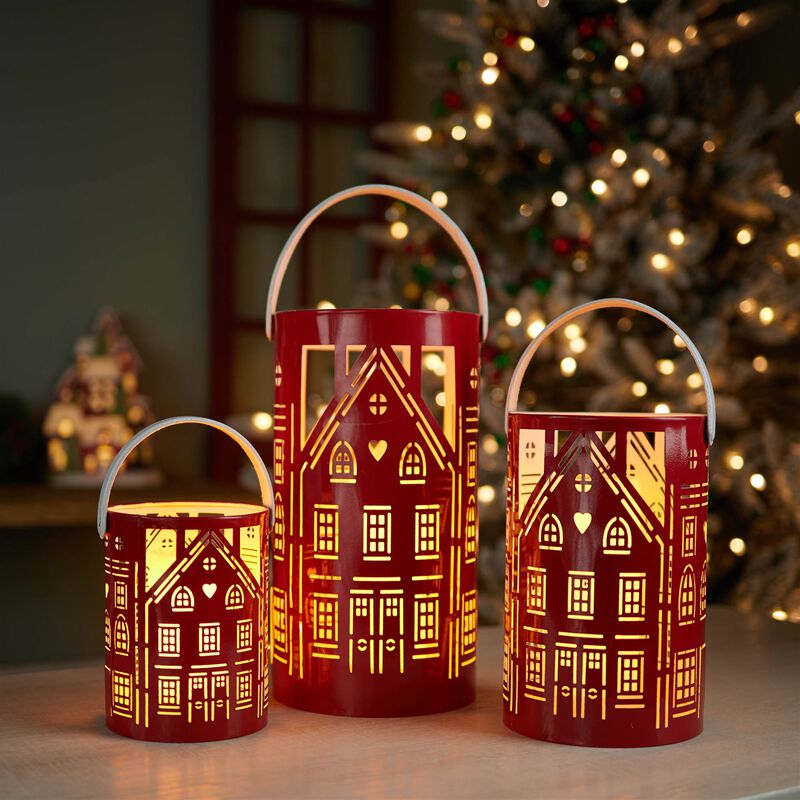Set of 3 Punched Metal House Lanterns for Holiday Mantel, Tabletop, or Shelf Display