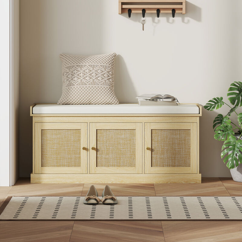 Hivvago Entryway Shoe Bench with Woven Doors and Shelves image number 7
