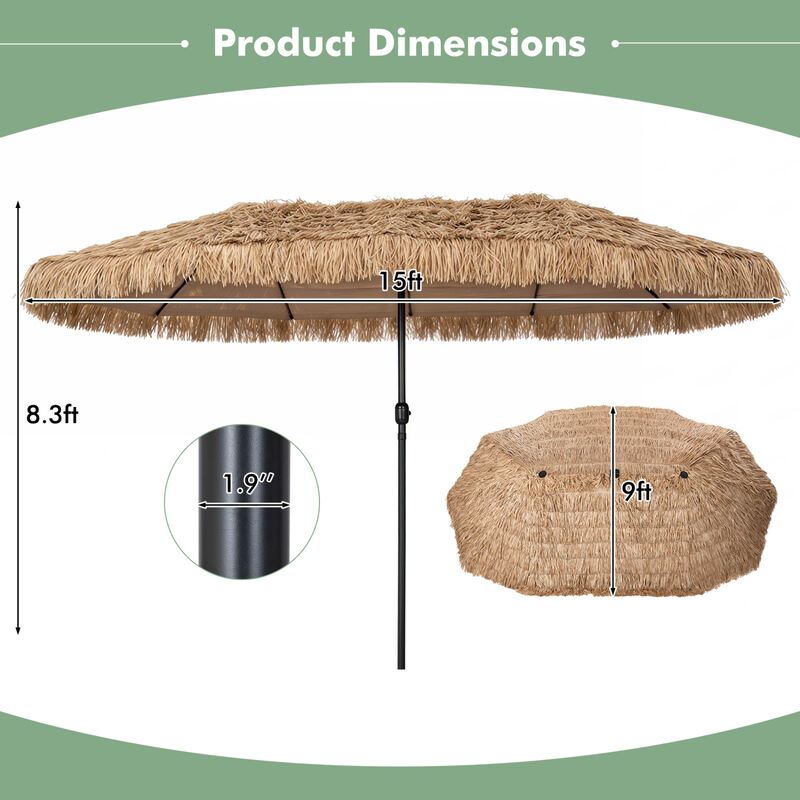 Large 15 x 9 Feet Double Sided Tiki Umbrella with Crank Lift and 12 Strong Ribs for Patio Garden image number 2
