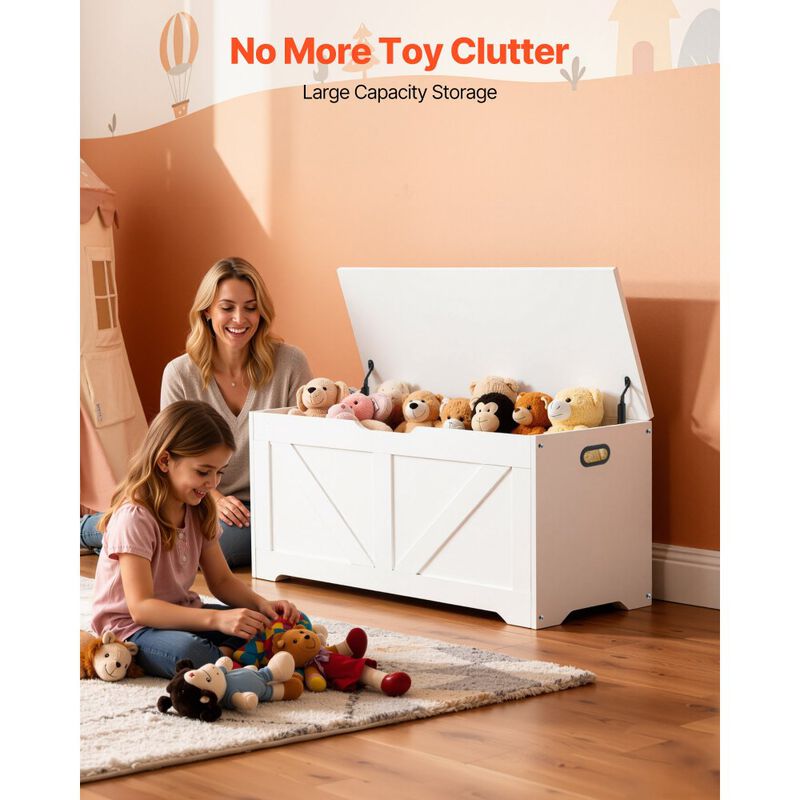 Kids Storage Bench with Toy Box and Safety Hinge for Playroom and Entryway-White image number 7