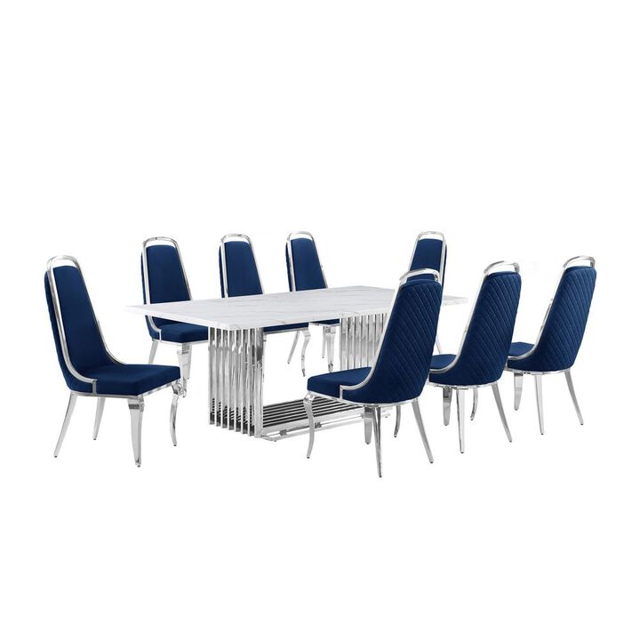 9pc Large(79") marble top dining set with silver base and 8 Navy blue chairs