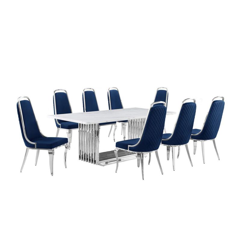 9pc Large(79") marble top dining set with silver base and 8 Navy blue chairs