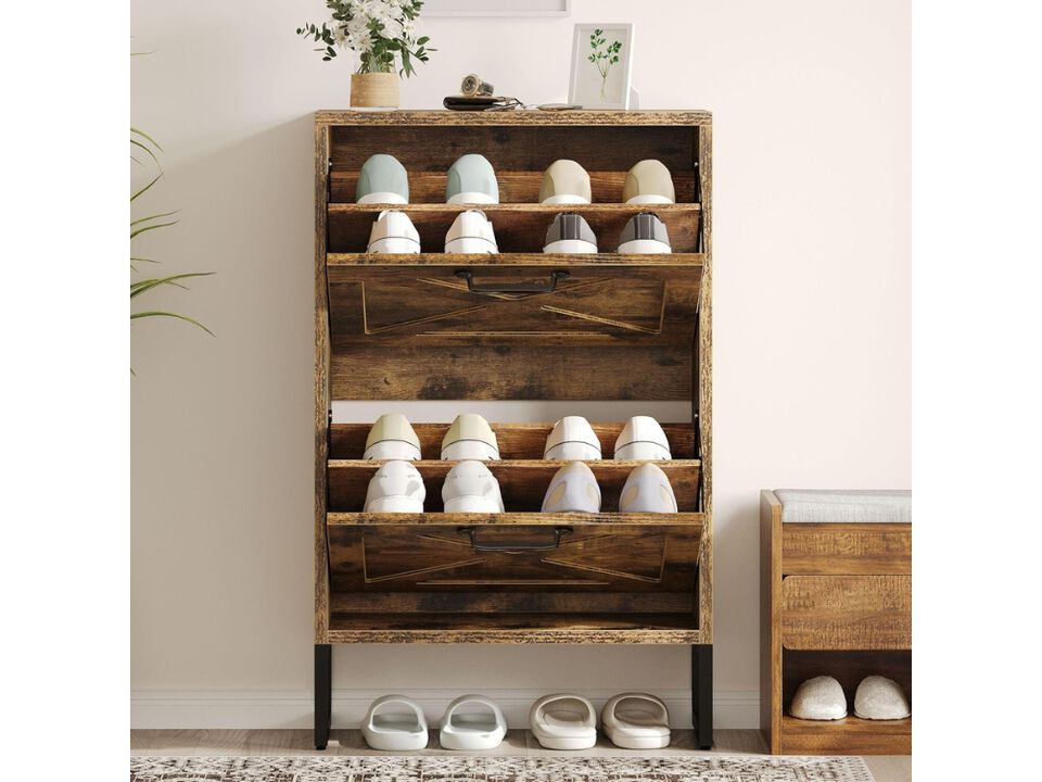 Slim Entryway Metal Shoe Storage Cabinet Flip Drawer Brown