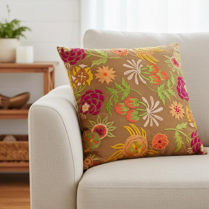 HomeRoots Set of Two 20" Brown Green And Pink Floral Cotton Throw Pillows with Embroidery