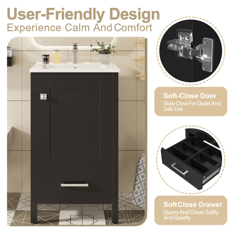 ELEMENT ACE Compact Bathroom Vanity with Integrated Ceramic Sink, Soft-Close Drawer & Door, Divider Drawer, Adjustable Foot Pads for Small Bathrooms image number 7