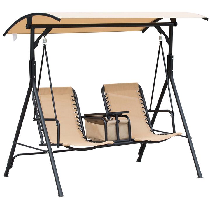 Outsunny 2-Seat Patio Swing Chair, Outdoor Canopy Swing Glider with Pivot Storage Table, Cup Holder, Adjustable Shade, Bungie Seat Suspension and Weather Resistant Steel Frame, Beige