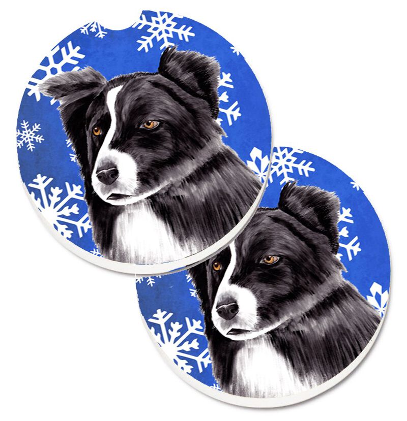 Caroline's Treasures Border Collie Winter Snowflakes Holiday Set of 2 Cup Holder Car Coasters SC9367CARC, 2.56, Multicolor image number 0