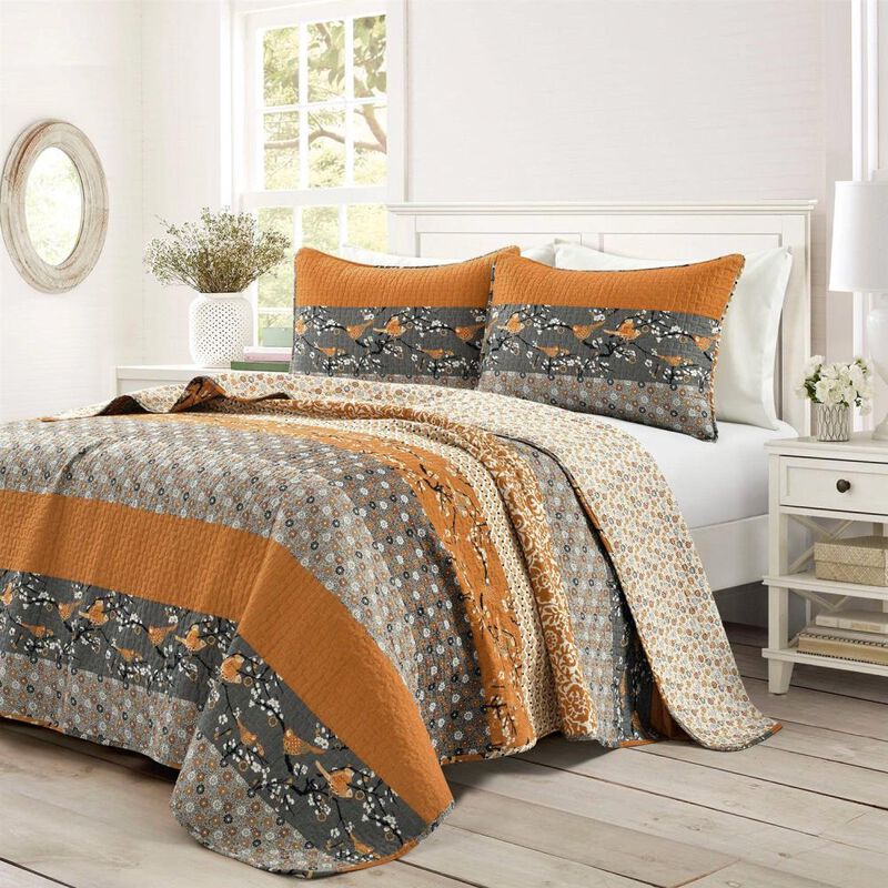 Hivvago Orange Grey Floral Birds Reversible Quilt Set