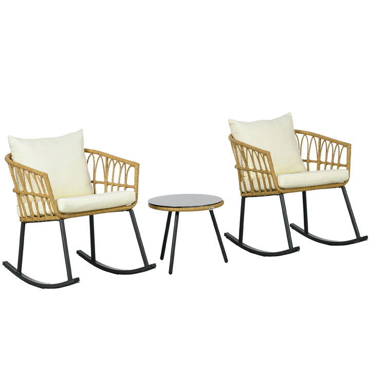 Outsunny 3 Piece Bistro Set with Cushions, Outdoor PE Rattan Wicker Patio Rocking Chair with 2 Porch Rocker Chairs, Glass Top Coffee Table Patio Conversation Set, Cream White