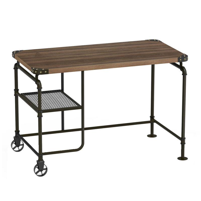 Industrial Metal Writing Desk With Wooden Top, Brown and Black