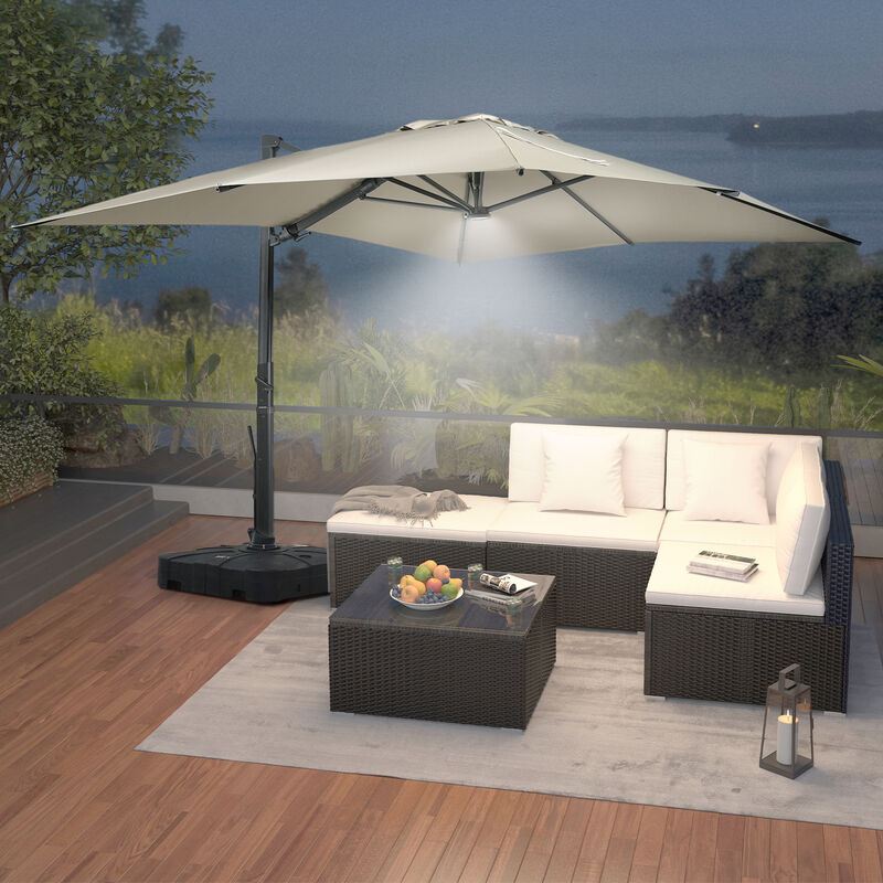 MONDAWE 10 ft. x 13 ft. Aluminum Frame Cantilever Patio Umbrella with LED Light, Large Canopy Offset Umbrella, 360-degree Rotation, 2 in 1 Crank Handle