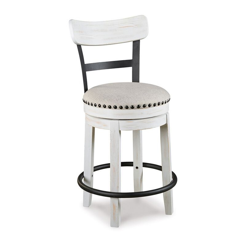 Zane Swivel 24.5 Inch Counter Stool Chair | Nailhead Trim | Curved Back | Distressed White and Black - Benzara