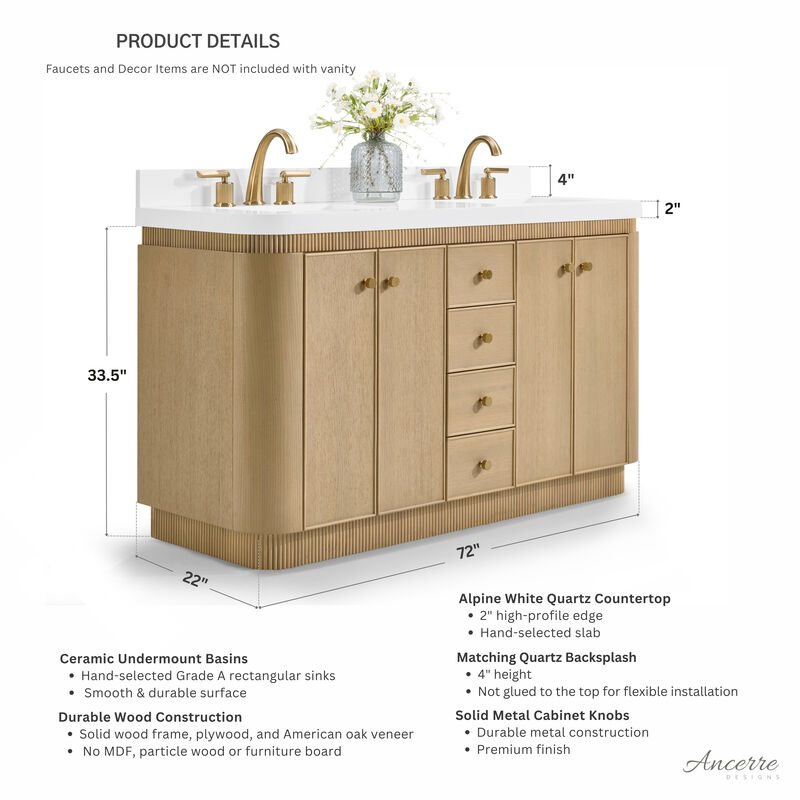 Aston 72 inch Bath Vanity Set in American Oak Finish with Alpine White Quartz Top image number 1