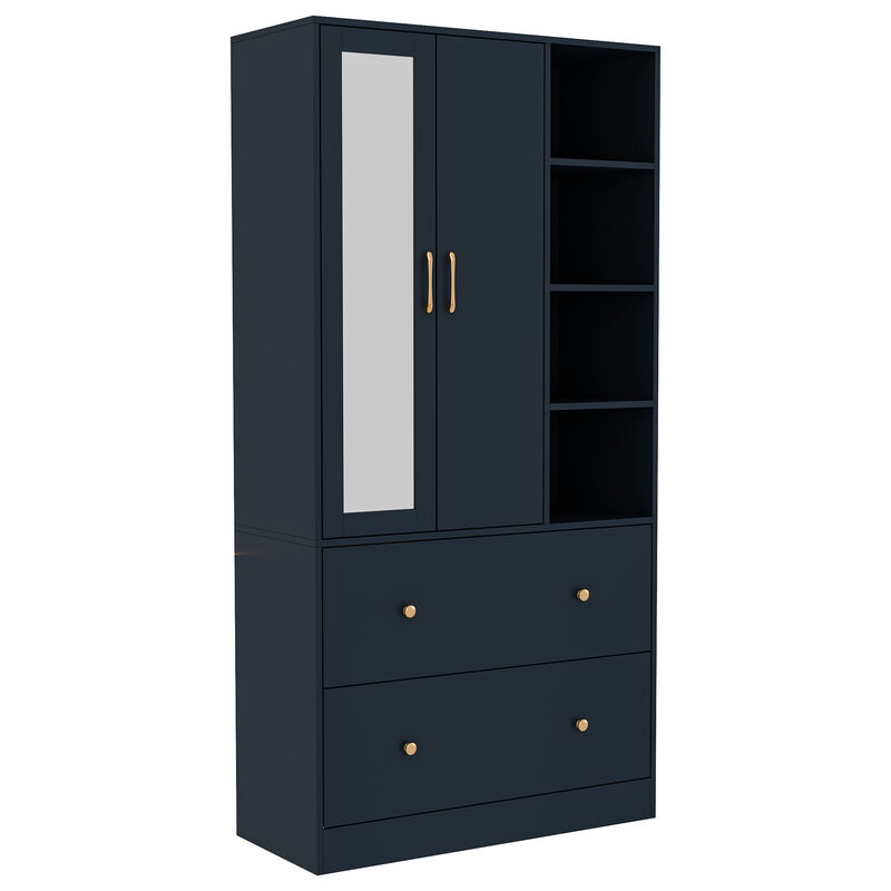 Blue Wood 35.5 in. W Armoires Wardrobe With Mirror, Pulling Hanging Rod, Drawers, Shelves 15.8 in. D x 70.8 in. H