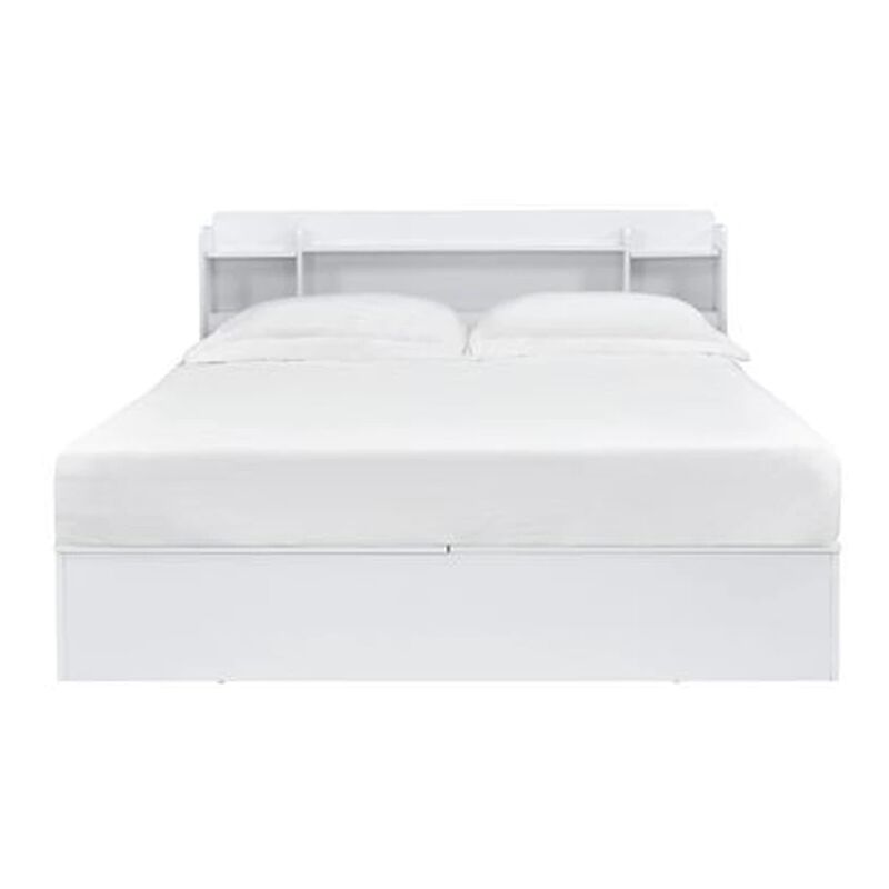 Queen Bed with 6 Under Compartments and Storage Headboard, White - Benzara