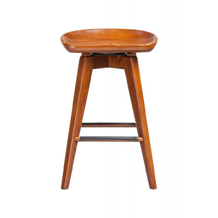 Contoured Seat Wooden Swivel Counter Stool with Angled Legs, Walnut Brown - Benzara
