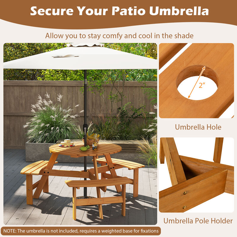 Outdoor Round Picnic Table Set with Umbrella Hole and Seating for 6