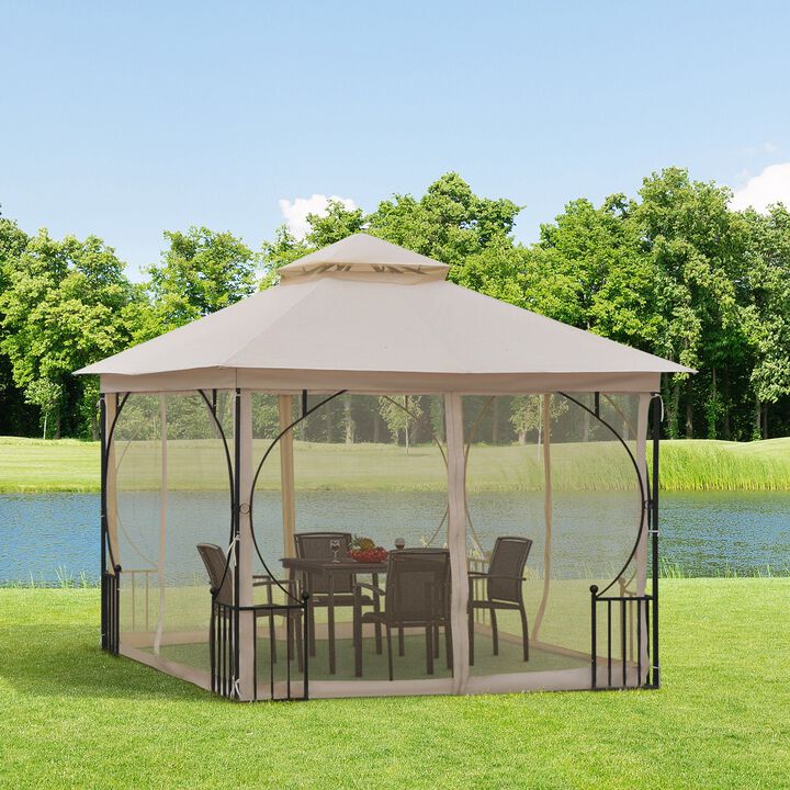 10' x 10' Patio Gazebo Canopy Outdoor Pavilion with Mesh Netting SideWalls, 2-Tier Polyester Roof, & Steel Frame
