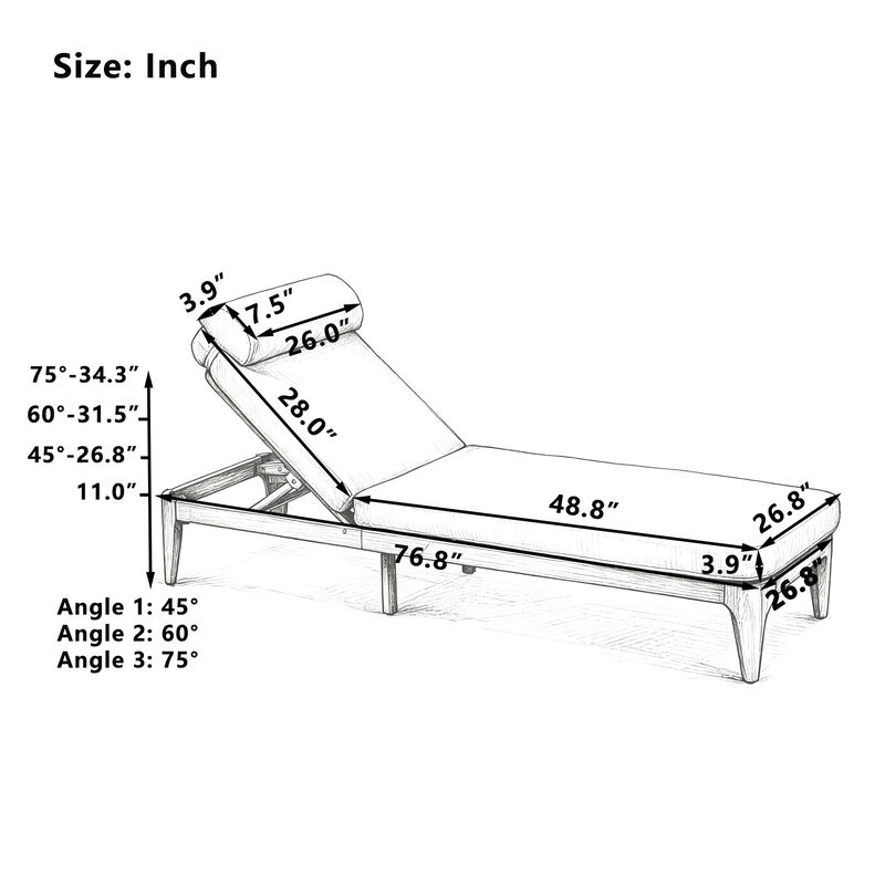 Merax Outdoor Chaise Lounge with Natural Acacia Wood Frame, Adjustable Recline image number 3