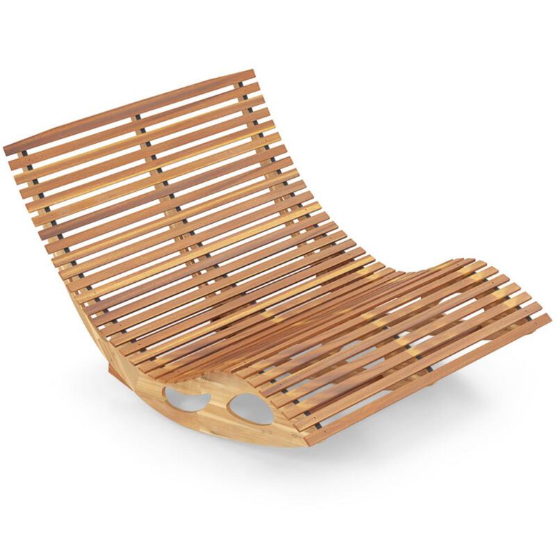 Hivvago Slatted Acacia 2-Seat Patio Dual Rocker Sunbed Wood Lounger with Ergonomic Curved Seat