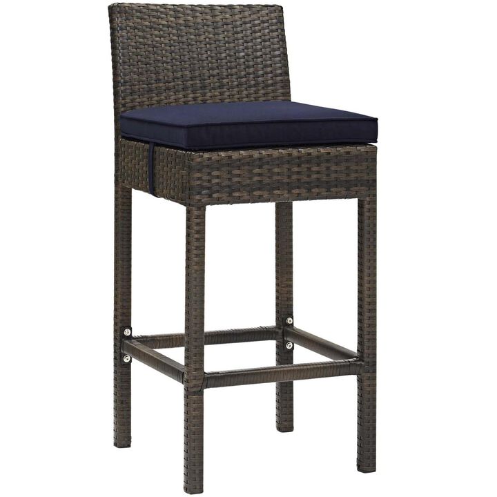 Modway Conduit Wicker Rattan Outdoor Patio Bar Stool with Cushion in Brown Navy