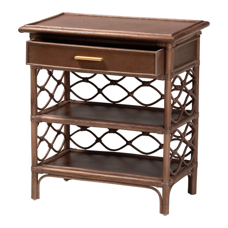 bali & pari Akane Natural Rattan Nightstand with Drawer and Open Shelves – Coastal Bedside Table with Lattice Design, Brown