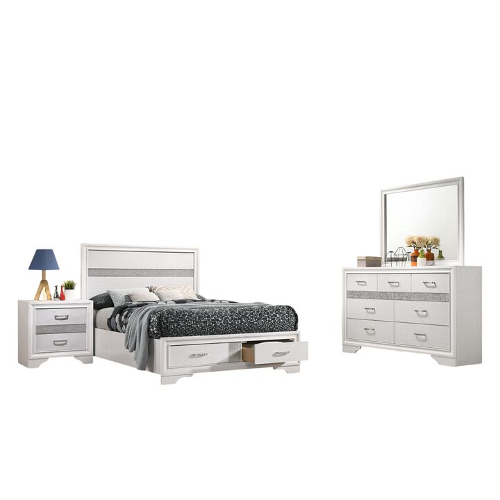 Vino 4pc Full Bedroom Set, Storage Footboard, White, Glitter Stripes