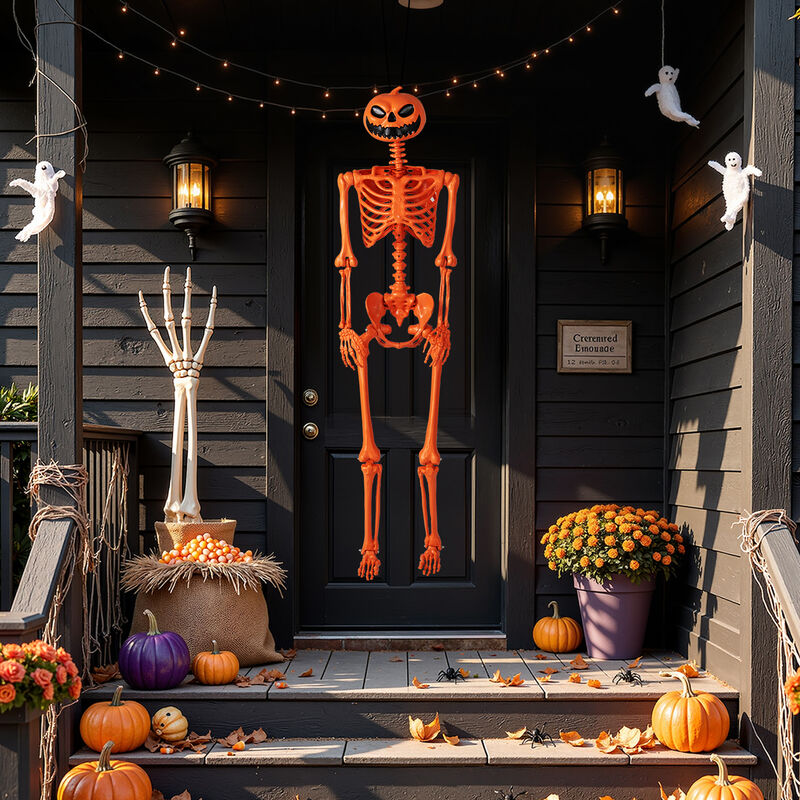 Orange Halloween Skeleton Decoration with Movable Joints and Pumpkin Head Design image number 1