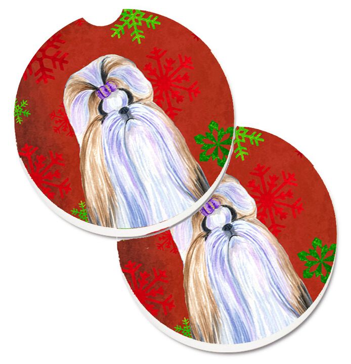 Caroline's Treasures Shih Tzu Red & green Snowflakes Holiday Christmas Set of 2 Cup Holder Car Coasters SS4672CARC, 2.56, Multicolor