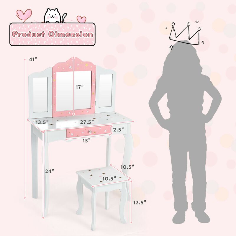 Kids Princess Vanity Table and Stool Set with Tri-folding Mirror and Drawer