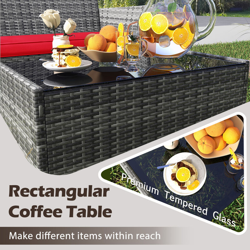 4-Piece Patio Rattan Conversation Set with Cushioned Seats and Tempered Glass Table image number 4