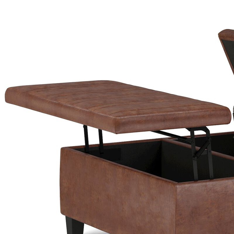 Simpli Home Ellis Coffee Table Storage Ottoman In Distressed Saddle Brown Vegan Faux Leather