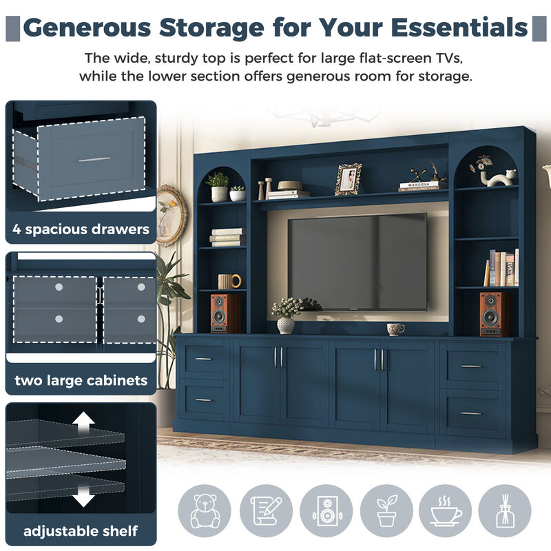 Merax All-in-One TV Stand with Arched Design, 4 Drawers, Adjustable Shelves, Built-in Cable Holes image number 5