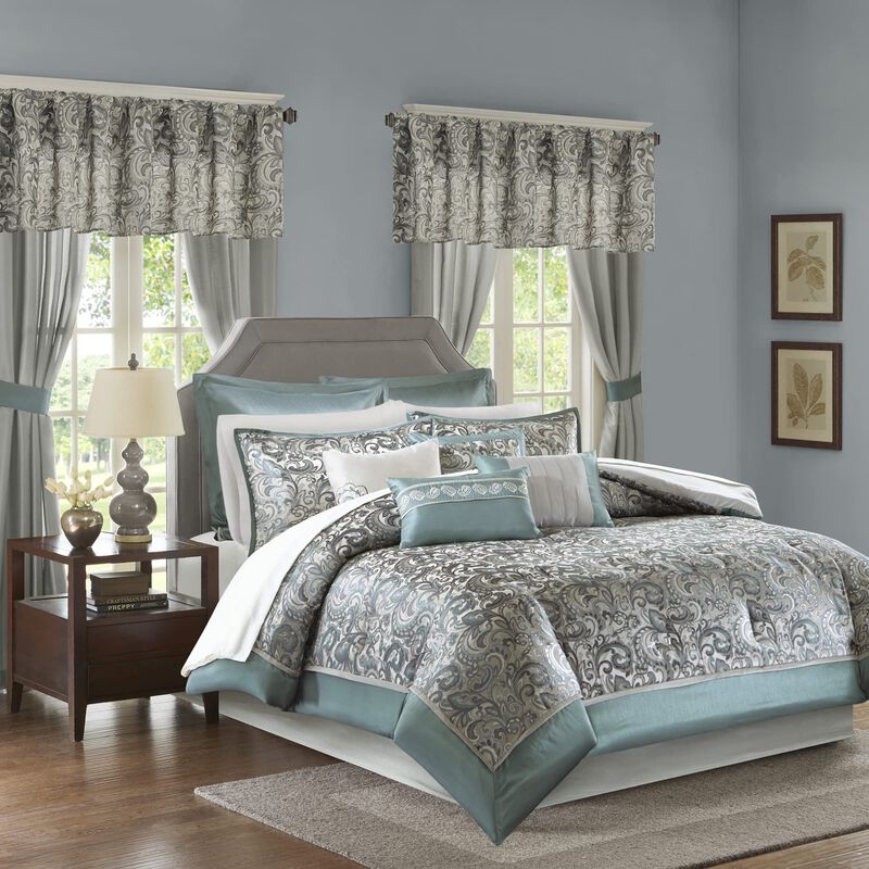 Madison Park 24 Piece Faux Silk Paisley Queen Comforter Set with Matching Curtains, Down Alternative Hypoallergenic - Teal