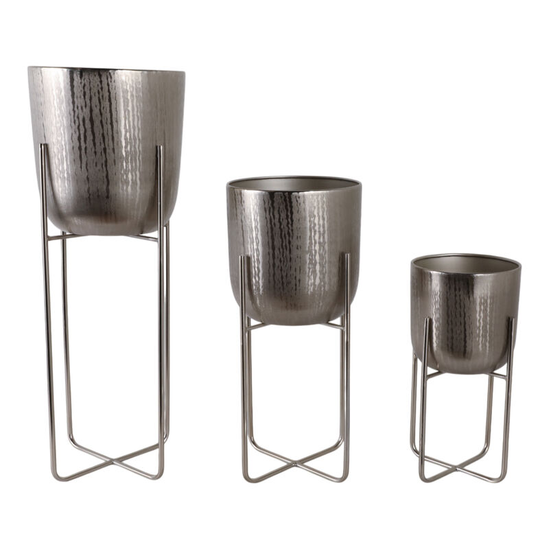 S/3 15/20/27" Etched Metal Planter On Stand, Silve image number 2