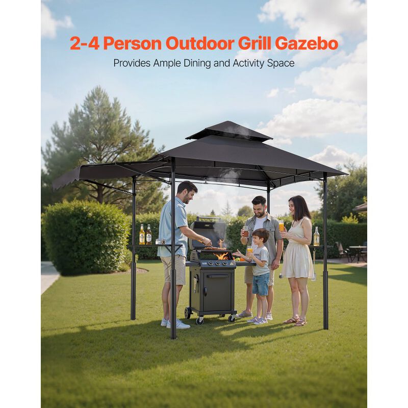 Outdoor BBQ Gazebo with Double-Tier Roof, Steel Grill Shelter, Side Shelves and Hanging Hooks-Dark Grey image number 6