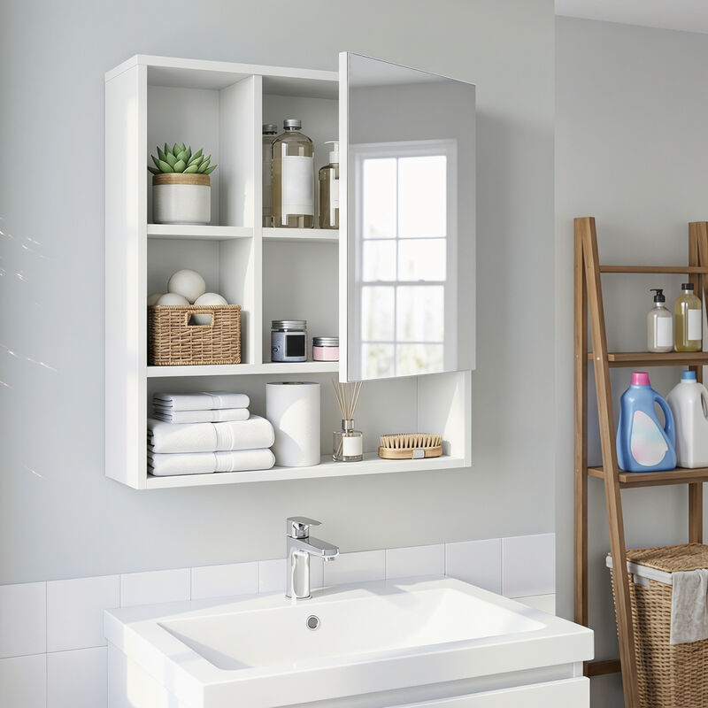 Bathroom Wall Mirror Cabinet with 2 Hidden Shelves and 3 Open Cubbies image number 2