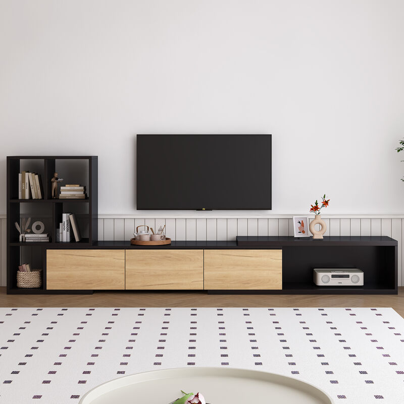 Clihome 74.8''-126'' Extendable TV Stand with 3 Tier Bookshelves for TVs up to 110'', Adjustable Entertainment Center with Storage Cabinets, Sliding Tabletop Media Console for Living Room