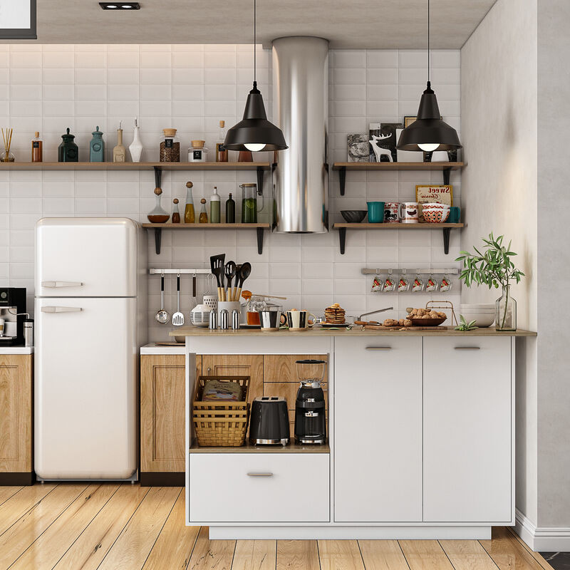 White/Oak Wood 59.1 in. W Kitchen Island Dining Table With Adjustable Shelves and Drawer