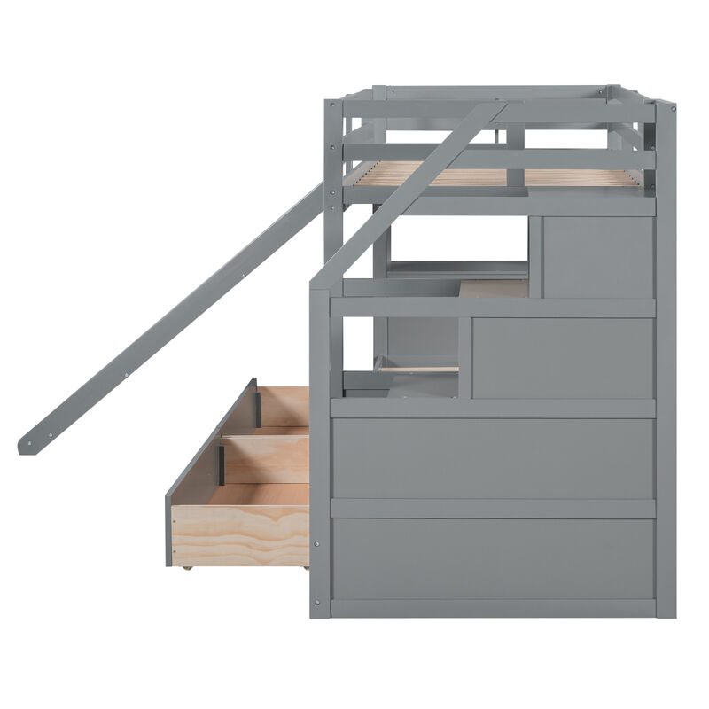 Twin Over Twin Bunk Bed With Storage Staircase, Slide And Drawers, Desk With Drawers And Shelves