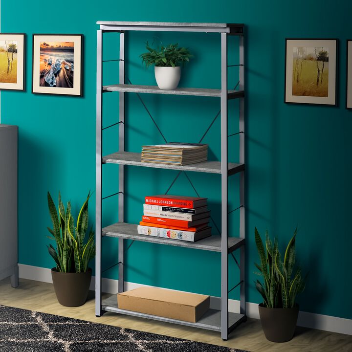 Industrial Bookshelf with 4 Shelves and Open Metal Frame, Silver and Gray