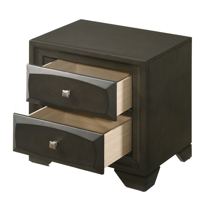 Two Drawer Nightstand With Brushed Nickel Accent And Chamfered Legs, Antique Gray-Benzara