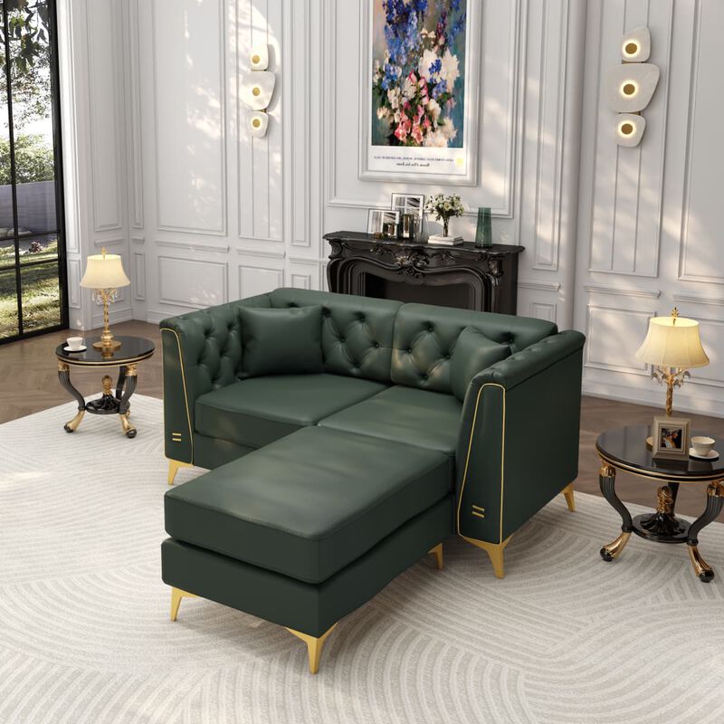2-Piece Chesterfield Loveseat and Ottoman Set, Faux Leather Tufted Modular Sofa with Metal Trim for Living Room, Includes 2 Pillows image number 3