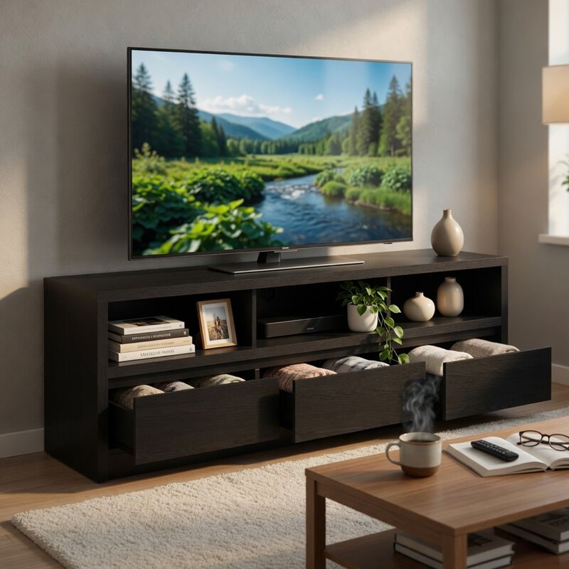 Rutvy TV Stand Media Console with 3 Drawers, Open Shelves, Black Wood image number 8