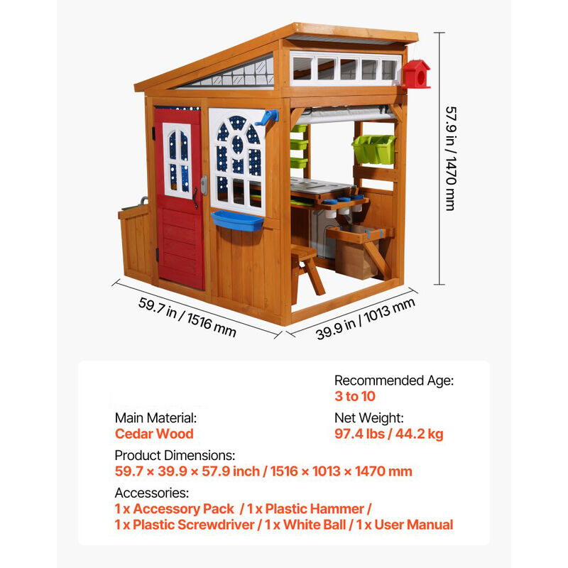 Outdoor Kids Playhouse with Doorbell, Storage Pocket and Gravity Wall Set-Brown image number 2