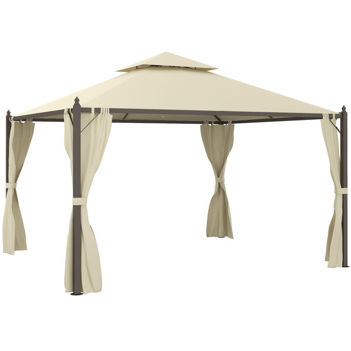 Outsunny 10' x 10' Steel Outdoor Patio Gazebo with Polyester Privacy Curtains, Two-Tier Roof for Air, & Large Design